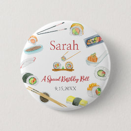 Waterverf Sushi en Sashimi Verjaardag Wit Ronde Button 5,7 Cm