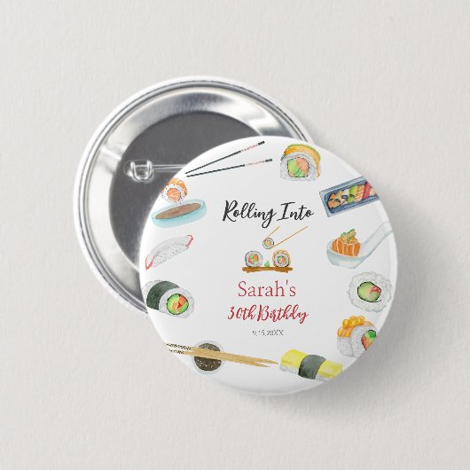 Waterverf Sushi en Sashimi Verjaardag Wit Ronde Button 5,7 Cm (Voorkant /achterkant)