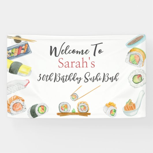 Waterverf Sushi en Sashimi welkom Verjaardag Spandoek (Horizontaal)