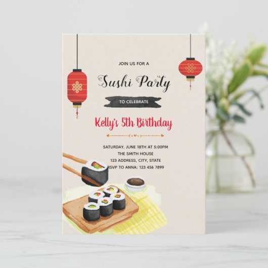 Waterverf sushi - partijuitnodiging kaart (Staand voorkant)
