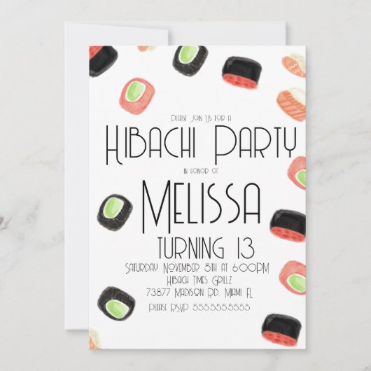 Waterverf Sushi Teen Birthday Hibachi Kaart (Voorkant)