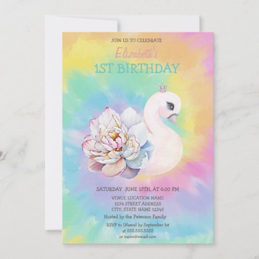 Waterverf Swan Flowers Tie Dye Birthday Kaart (Voorkant)