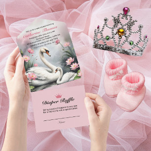 Waterverf Swan Lake Pink Lotus Floral Baby shower All In One Uitnodiging