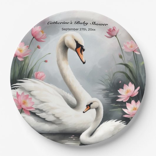 Waterverf Swan Lake Pink Lotus Floral Baby shower Papieren Bordje (Voorkant)