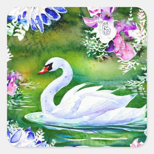 Waterverf Swan Vierkante Sticker (Voorkant)