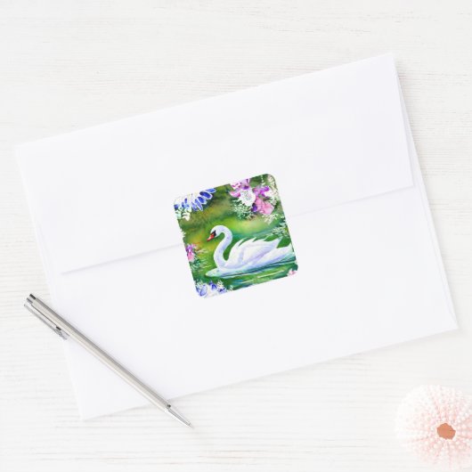 Waterverf Swan Vierkante Sticker (Envelop)