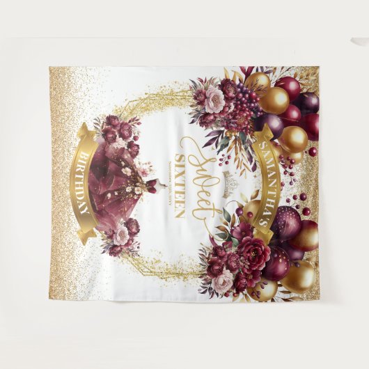 Waterverf Sweet 16 Banner Gold Glitter Bourgogne Wandkleed (Voorkant (horizontaal))