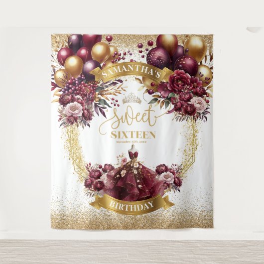 Waterverf Sweet 16 Banner Gold Glitter Bourgogne Wandkleed (Voorkant)