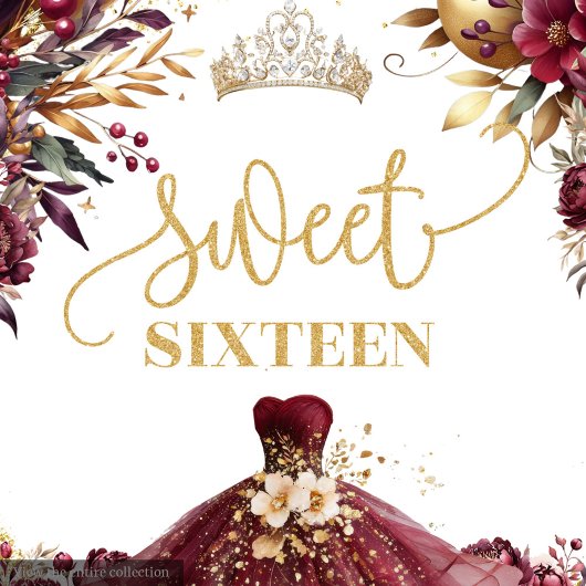 Waterverf Sweet 16 Banner Gold Glitter Bourgogne Wandkleed