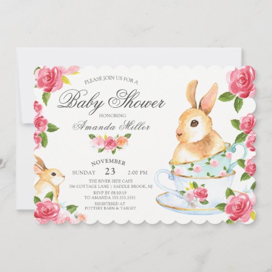 Waterverf Sweet Bunny Baby shower Tea Party Kaart (Voorkant)