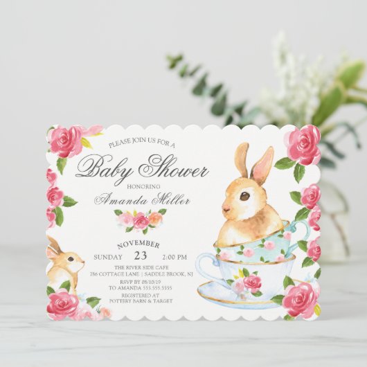 Waterverf Sweet Bunny Baby shower Tea Party Kaart (Staand voorkant)