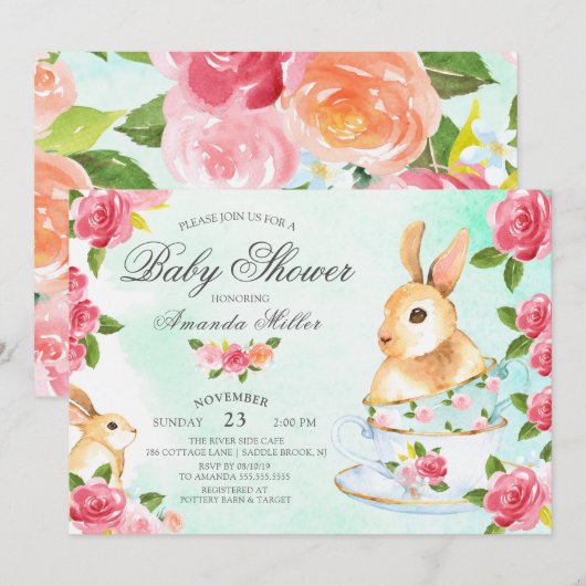 Waterverf Sweet Bunny Baby shower Tea Party Kaart (Voorkant / Achterkant)