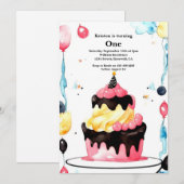 Waterverf Sweet Cake 1e Verjaardagsuitnodiging Kaart (Voorkant / Achterkant)