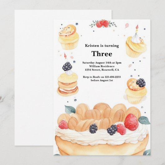 Waterverf Sweet Cake Verjaardagsuitnodiging Kaart (Voorkant / Achterkant)