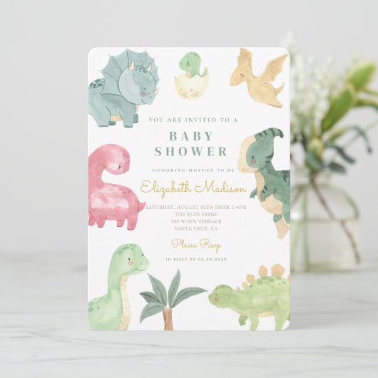 Waterverf Sweet Dinosaurs Baby shower Kaart (Staand voorkant)