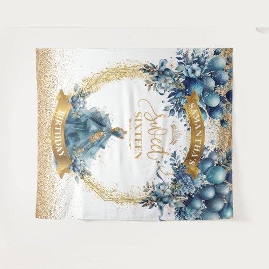 Waterverf Sweet Sixteen Blue Gold Glitter Banner Wandkleed (Voorkant (horizontaal))