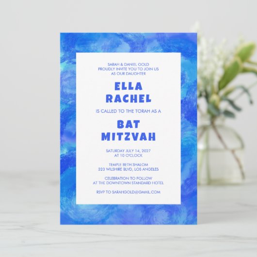 Waterverf Swirl Blue Custom Bar Bat Mitzvah Kaart (Staand voorkant)