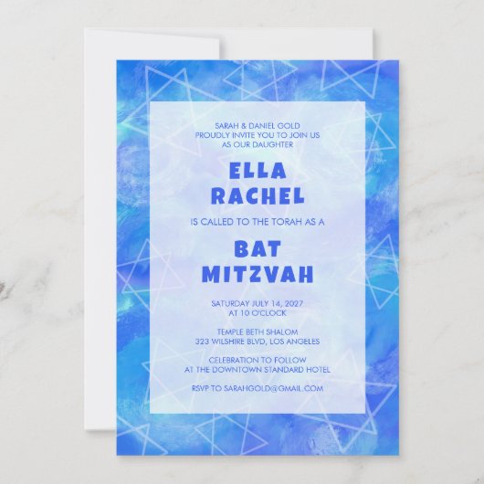 Waterverf Swirl Stars Blauw Aangepaste Bar Bat Mit Kaart (Voorkant)