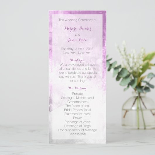 Waterverf Swirl Wedding Programma Paarse Programmakaart (Staand voorkant)