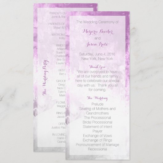 Waterverf Swirl Wedding Programma Paarse Programmakaart (Voorkant / Achterkant)