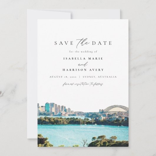 Waterverf Sydney Australia Skyline Save the Date Kaart (Voorkant)