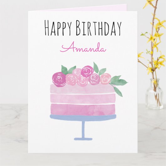 Waterverf taart en roze rozen kaart (Gele Bloem)