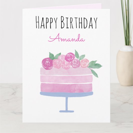 Waterverf taart en roze rozen kaart (Voorkant)