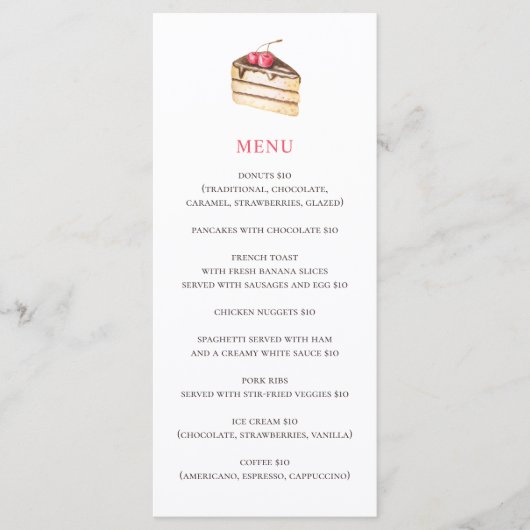 Waterverf taart of pie. Eenvoudig bakkerij cafe de Menu (Voorkant)