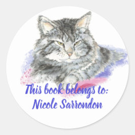 Waterverf Tabby Cat Book Bord Ronde Sticker