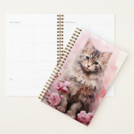 Waterverf Tabby Cat en Rozen Bucket List Planner