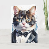 Waterverf Tabby Cat in een Tuxedo en Black Bow Str Kaart (Voorkant)