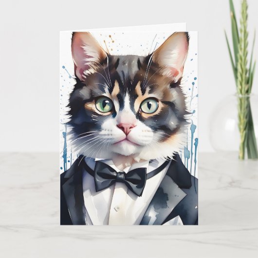 Waterverf Tabby Cat in een Tuxedo en Black Bow Str Kaart (Voorkant)