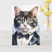 Waterverf Tabby Cat in een Tuxedo en Black Bow Str Kaart (Gele Bloem)