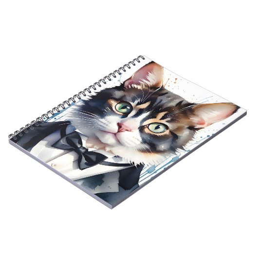 Waterverf Tabby Cat in een Tuxedo en Black Bow Str Notitieboek (Linkerzijde)