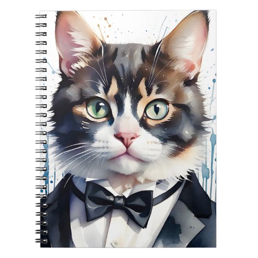 Waterverf Tabby Cat in een Tuxedo en Black Bow Str Notitieboek (Voorkant)