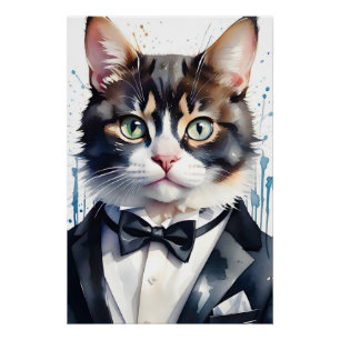 Waterverf Tabby Cat in een Tuxedo en Black Bow Str Perfect Poster