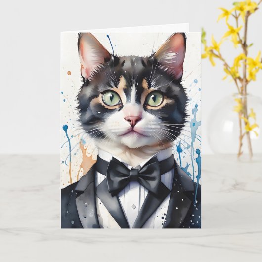 Waterverf Tabby Cat in Tuxedo Vest Zwart Bow Strop Kaart (Gele Bloem)