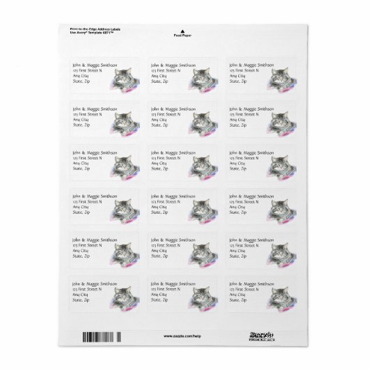 Waterverf Tabby Cat Pet Animal Custom Address Etiket (Full Sheet)