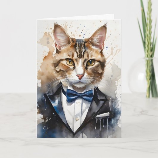 Waterverf Tabby Cat Tuxedo en Blue Bow Stropdas Bl Kaart (Voorkant)