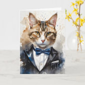 Waterverf Tabby Cat Tuxedo en Blue Bow Stropdas Bl Kaart (Gele Bloem)