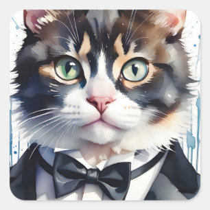 Waterverf Tabby Kat in een Smoking met Zwarte Stro Vierkante Sticker