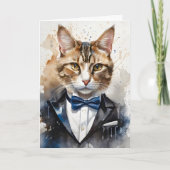 Waterverf Tabby Kat Smoking en Blauwe Strik Das Bl Kaart (Voorkant)
