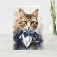 Waterverf Tabby Kat Smoking en Blauwe Strik Das Bl