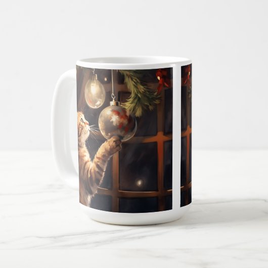 WATERVERF TABBY KITTEN MET KERSTBALLEN KOFFIEMOK (Voorkant links)