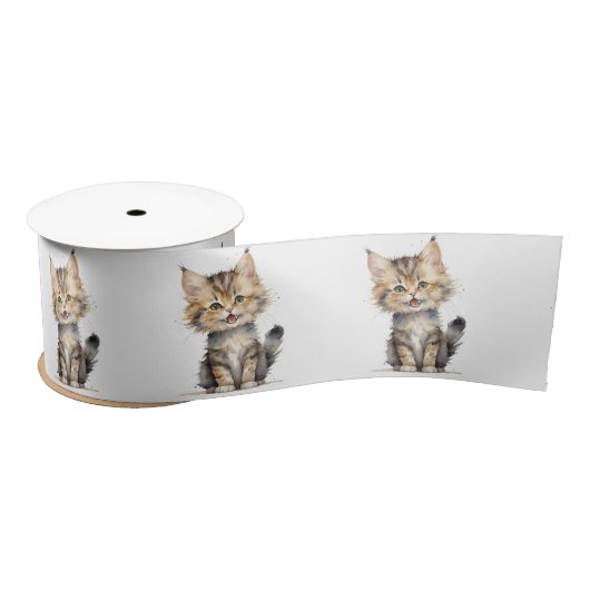 Waterverf Tabby Kitten op wit Satijnen Lint (Spoel)