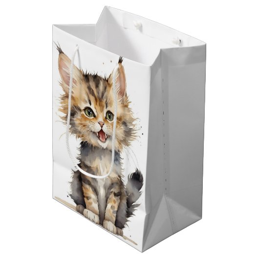 Waterverf Tabby Kitten voor Verjaardag Medium Cadeauzakje (Voorkant Gekanteld)