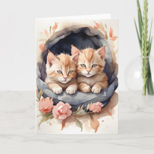 Waterverf Tabby Kittens Broers Bloemen Blank Kaart