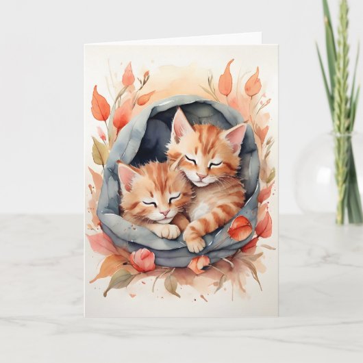 Waterverf Tabby Kittens Slapende Bloemen Blank Kaart (Voorkant)