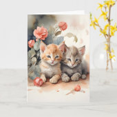 Waterverf Tabby Kittens Snuggling Bloemen Blank Kaart (Gele Bloem)