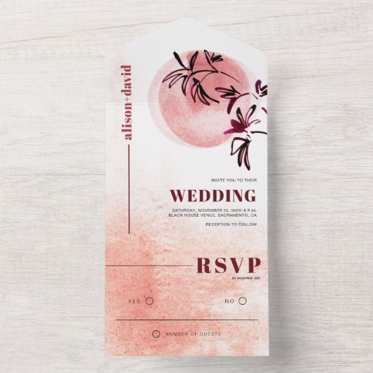 Waterverf tak en maan Japandi bruiloft All In One Uitnodiging (Binnen)